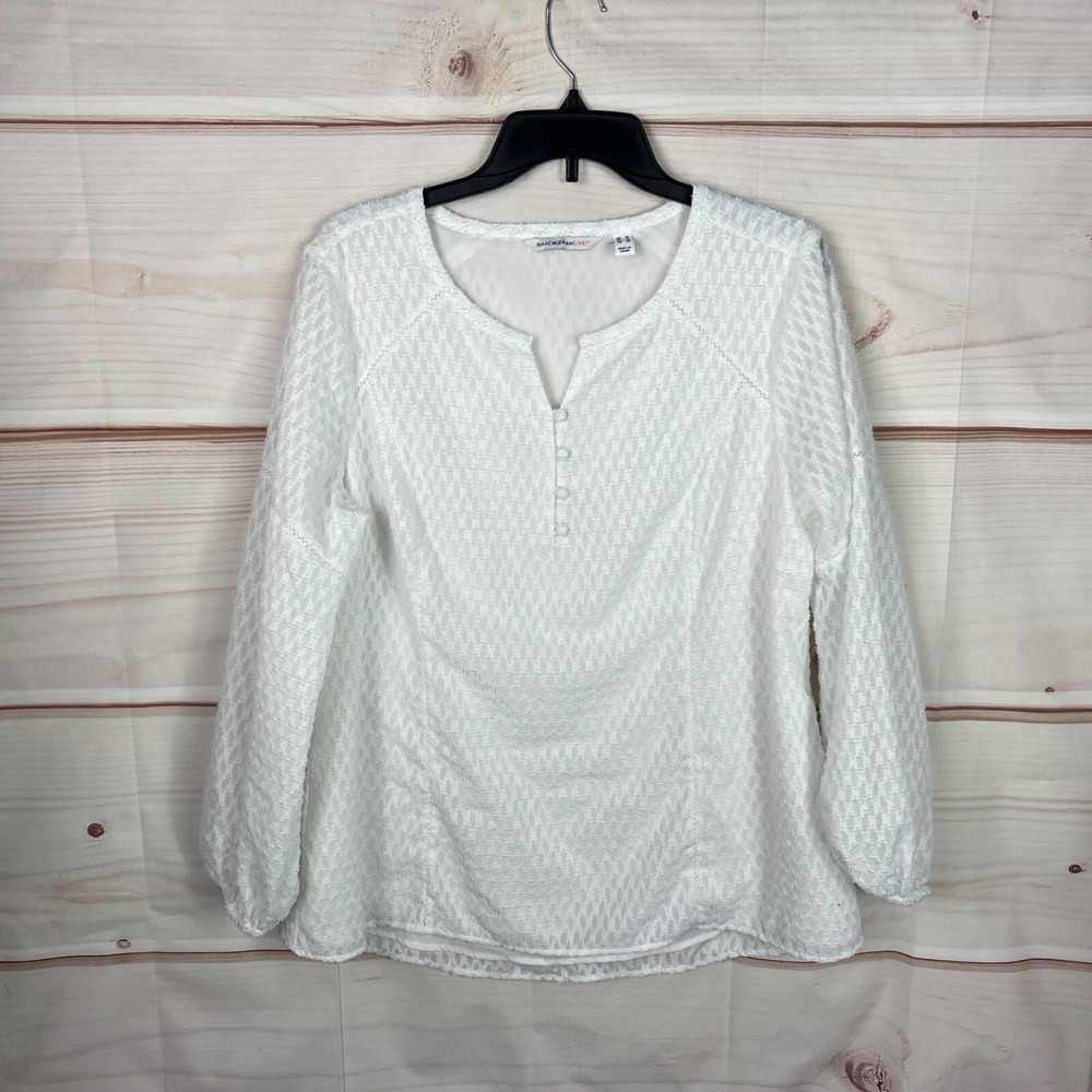 Isaac Mizrahi Live Top Womens 10 White Swiss Dot Blouse Long Sleeve Lined Button